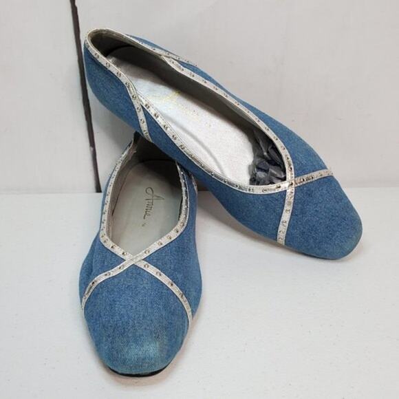 Annie Shoes - Annie Denim Metallic Silver Studded Fabric Pumps 8